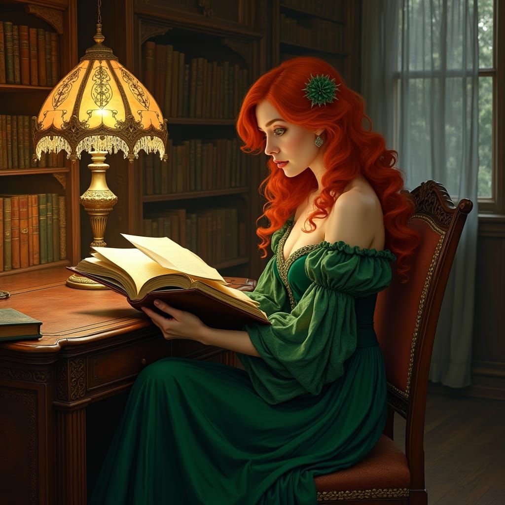 Red-Haired Woman Reading in Hidden Gothic Library