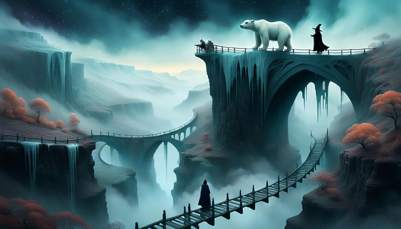 Surreal Witch Rides Polar Bear Over Canyon