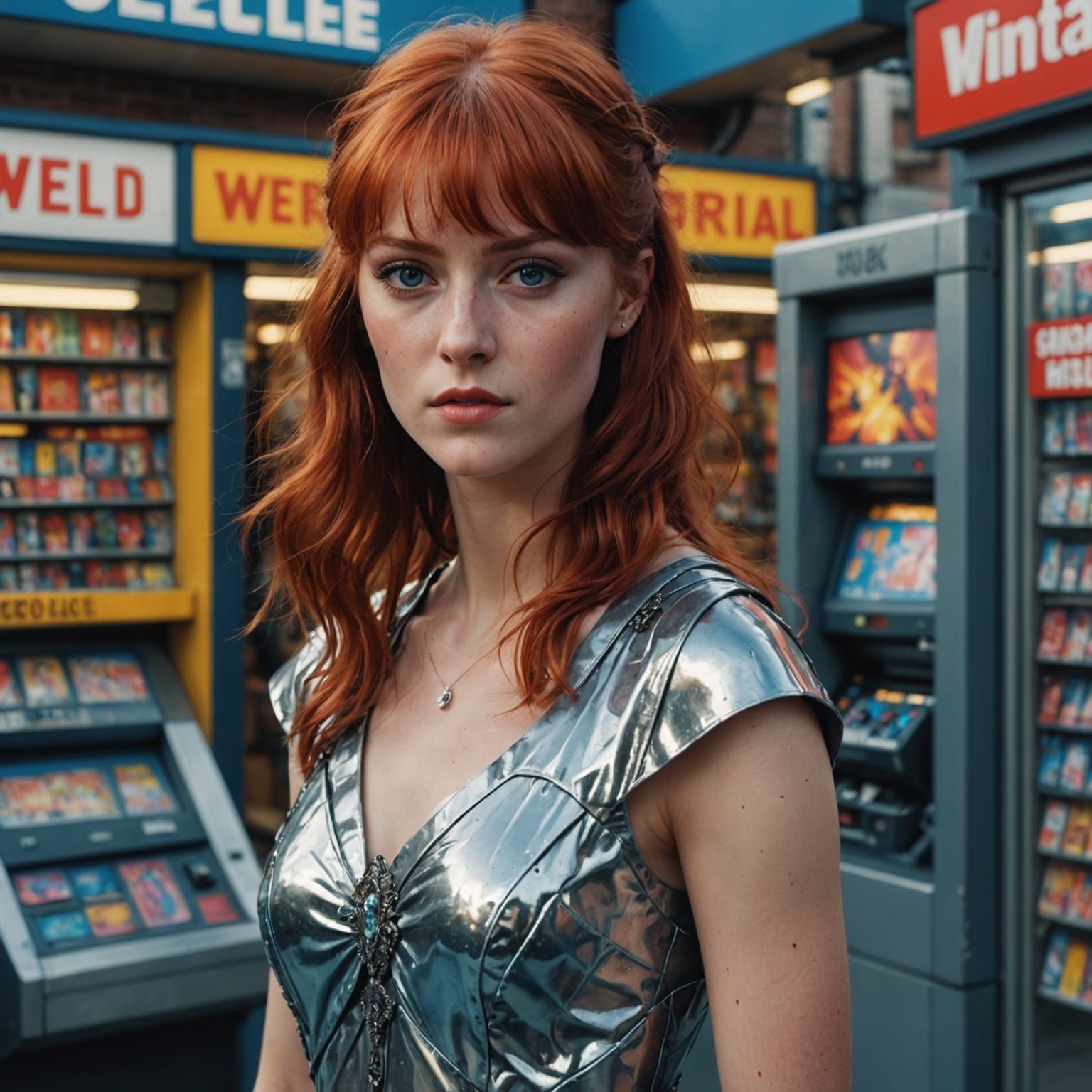 Fantastical 90s Video Store Goddess in Splendid Metallic Dre...