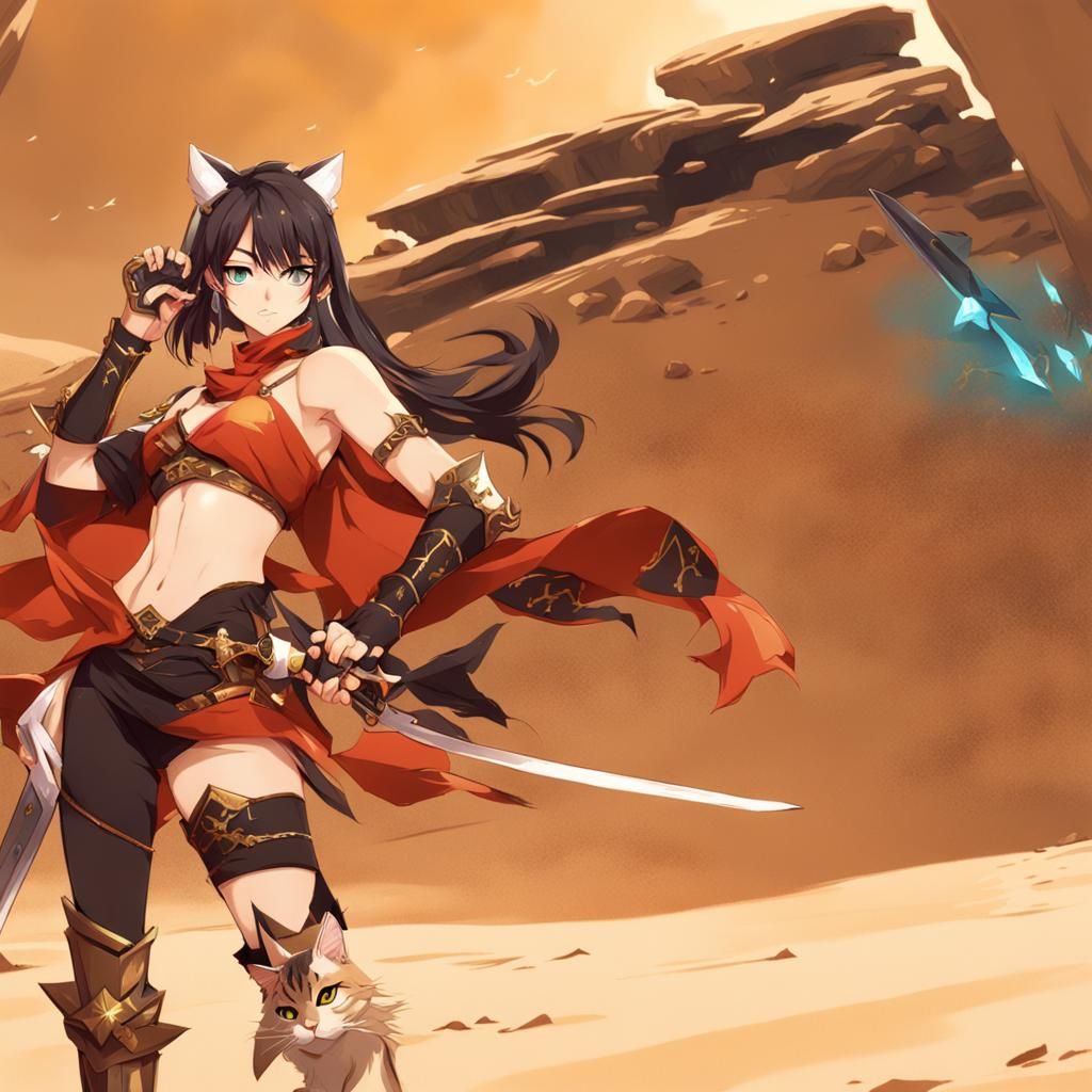 Anime Cat Girl with Greatsword in Golden Sands