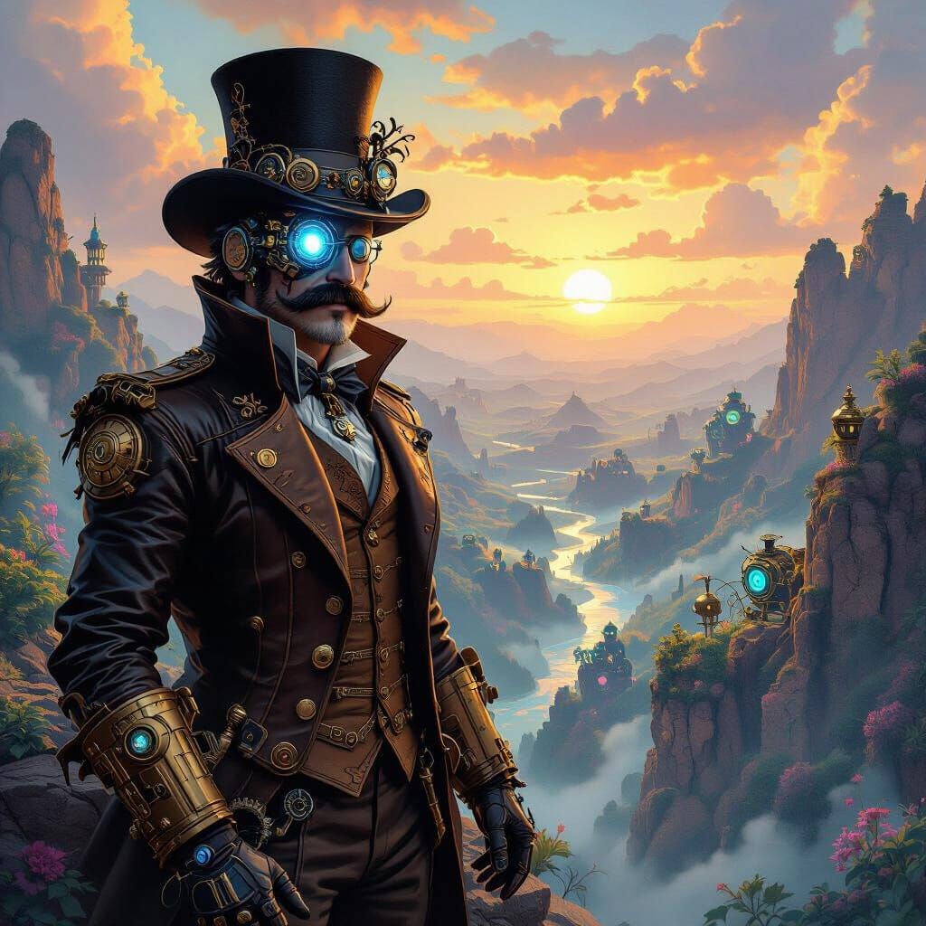 Steampunk Explorer Overlooking Clockwork Valley