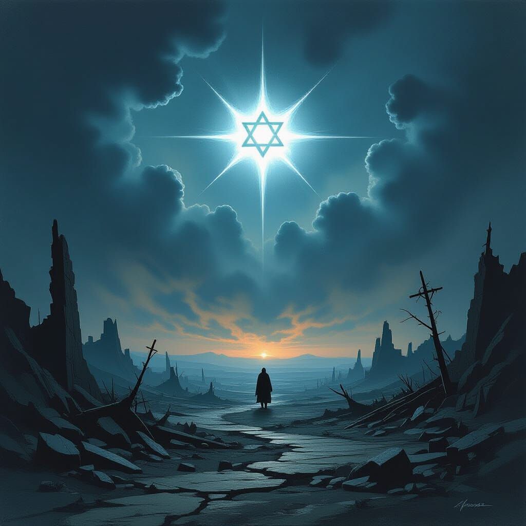 Star of David Glows in Ruined Landscape, Mystical Oil Painti...