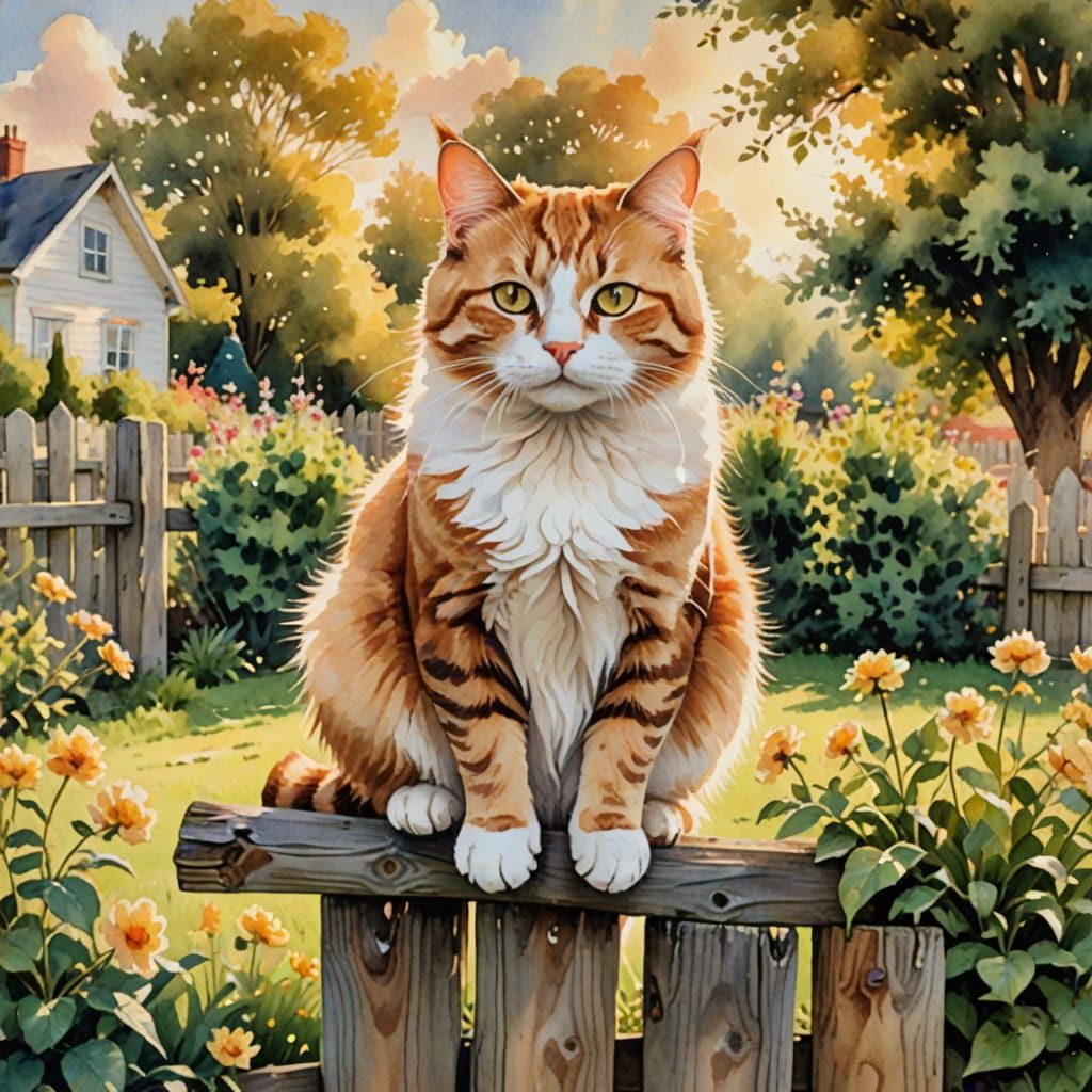 Whimsical Watercolor Cat in Sunny Garden
