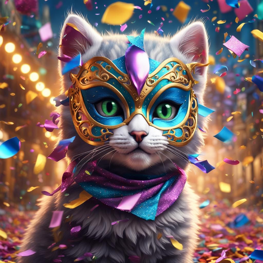 Kitten in Venetian Mask with Confetti
