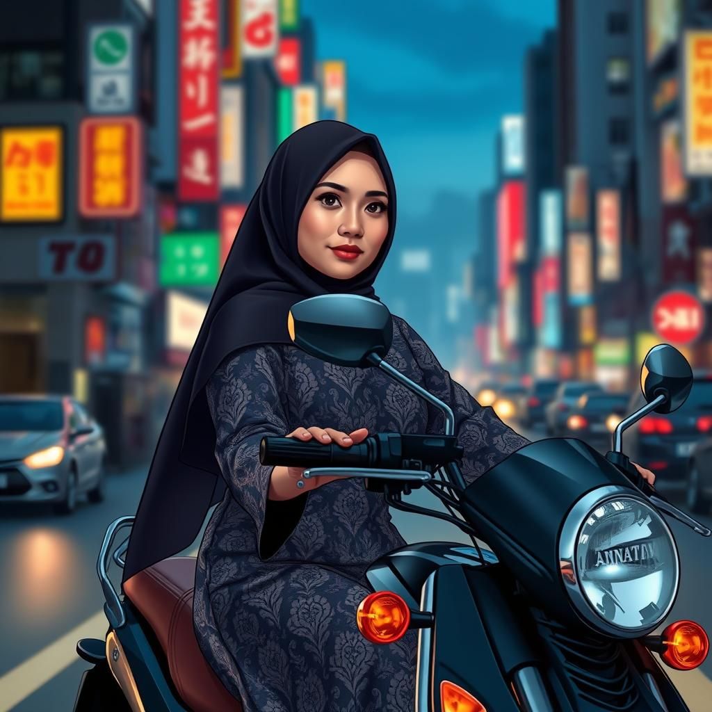 Javanese Woman Rides Motorbike in City Pop Style