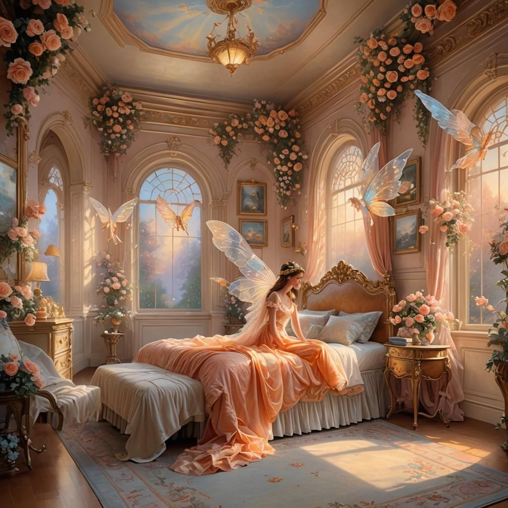 Art Nouveau Fairy with Iridescent Wings and Roses