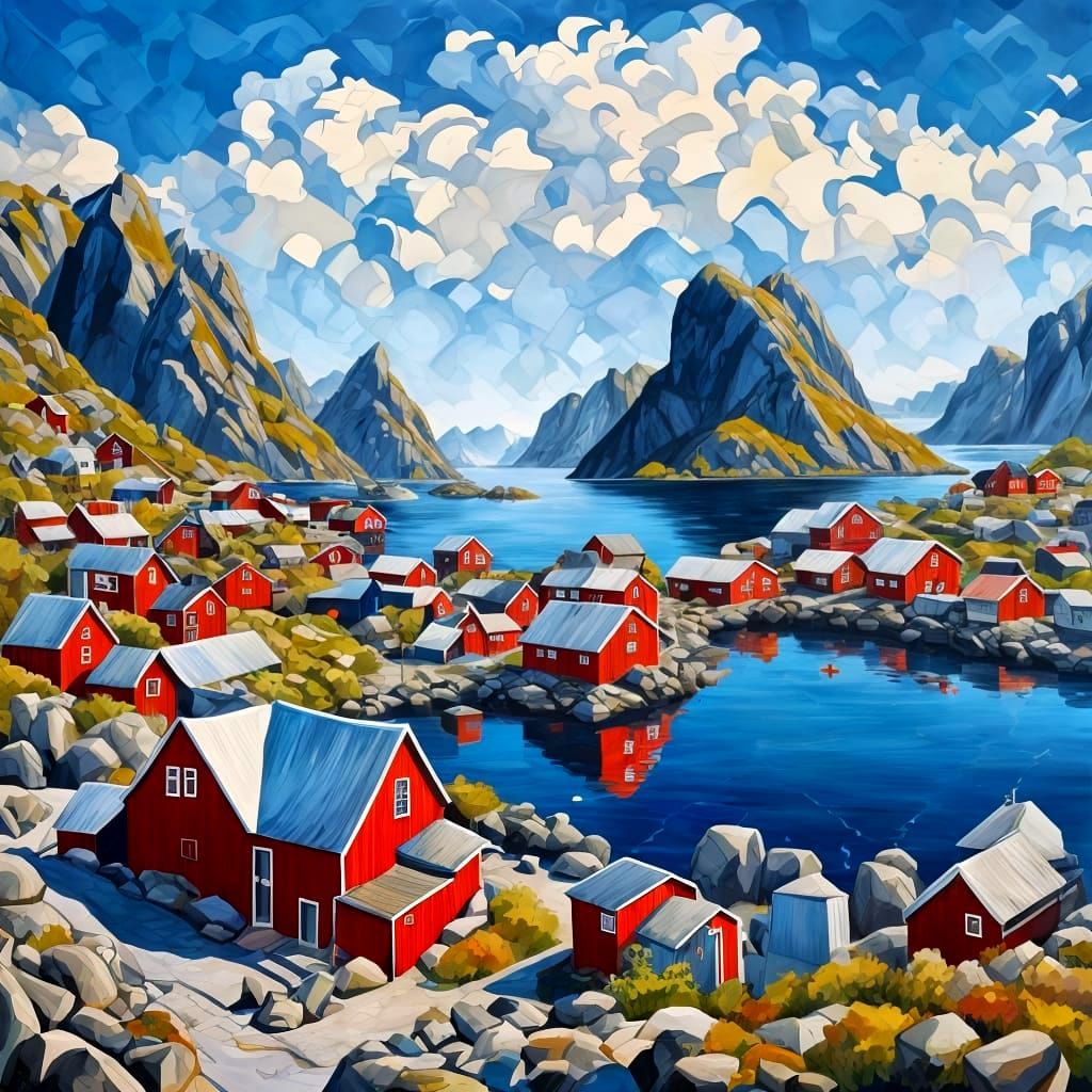 Abstract Painting of Reine, Norway with Paisley Patterns