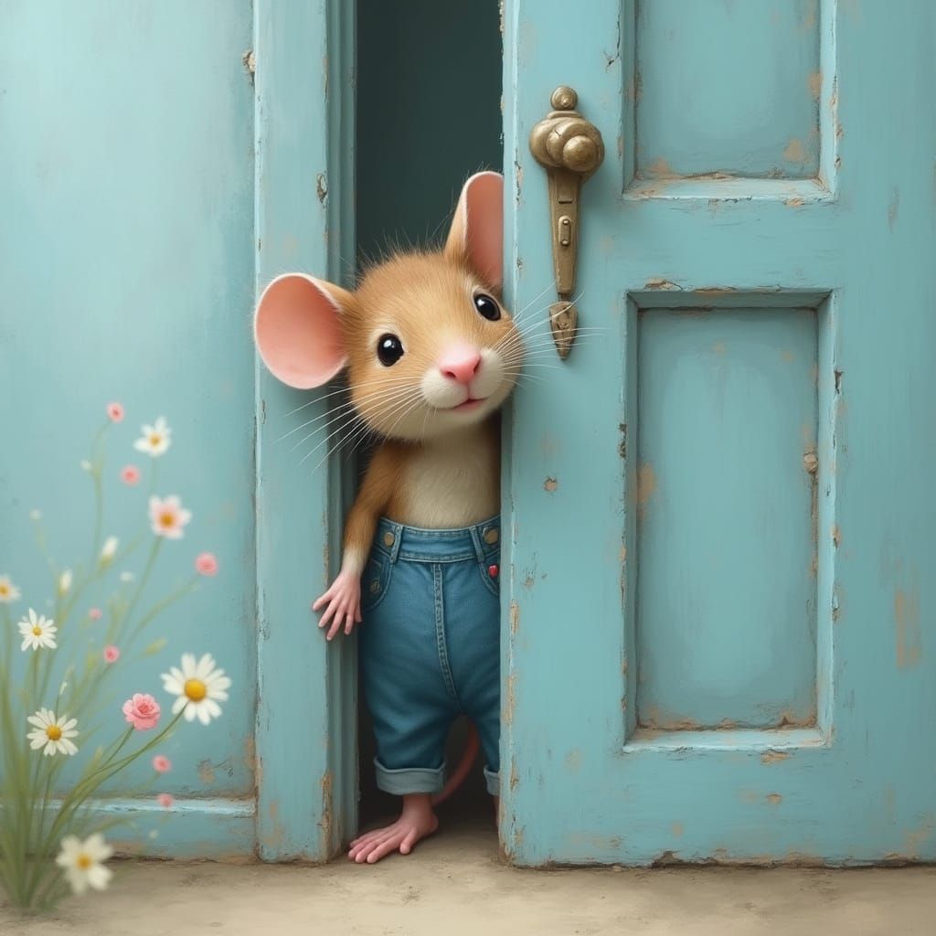 Cozy Mouse in Jeans, Whimsical Pastel Art
