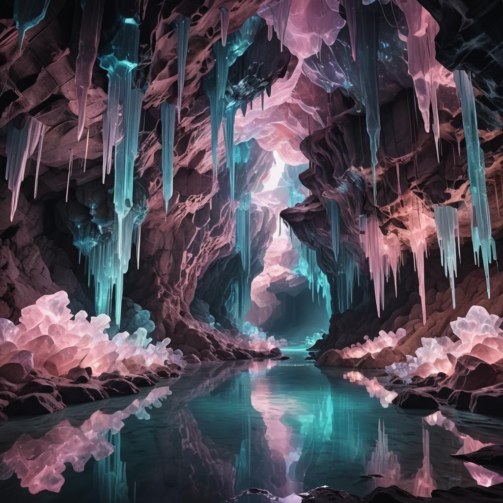 Crystal Cave: Bioluminescent River in Dreamy Digital Paintin...