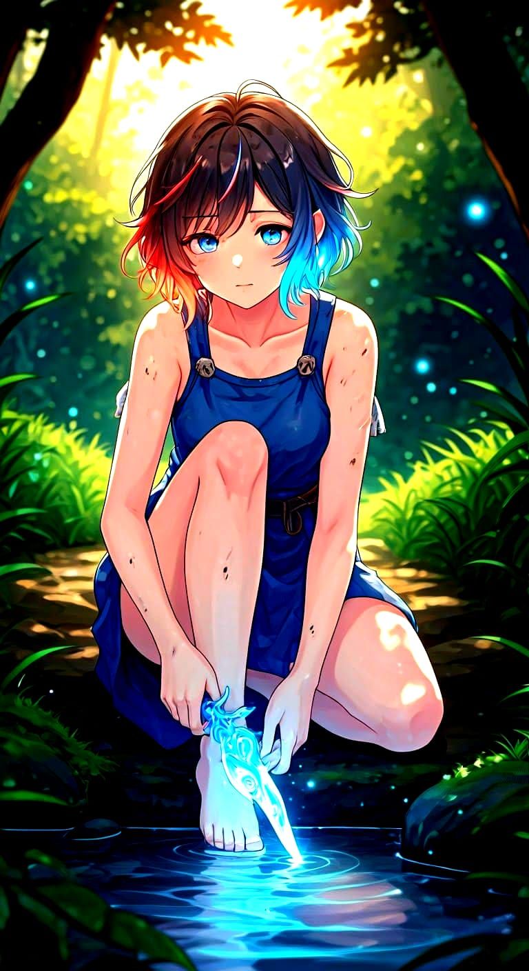 Anime Warrioress Bathes in Misty Forest with Glowing Magic
