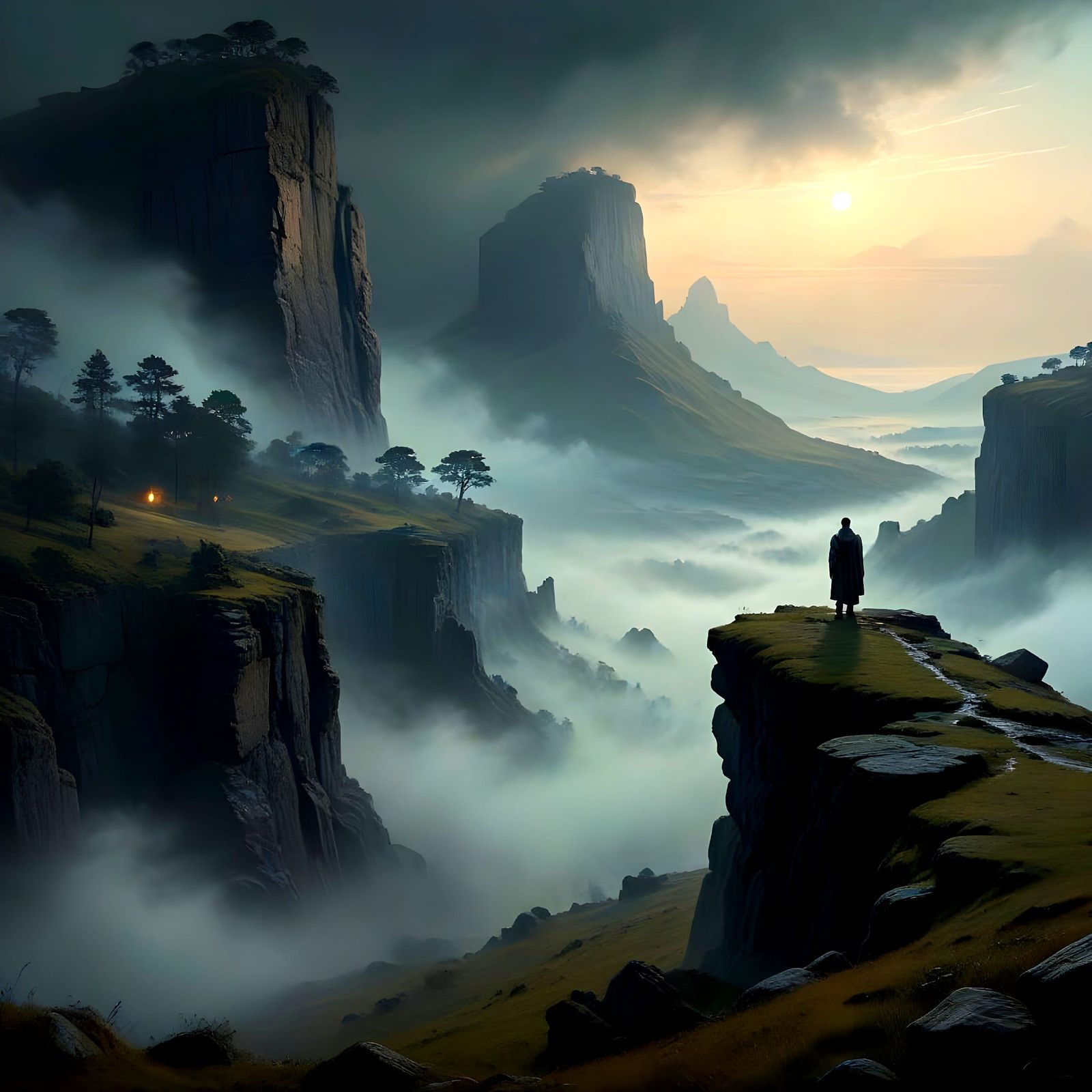 Mysterious Figure Gazing into Misty Valley