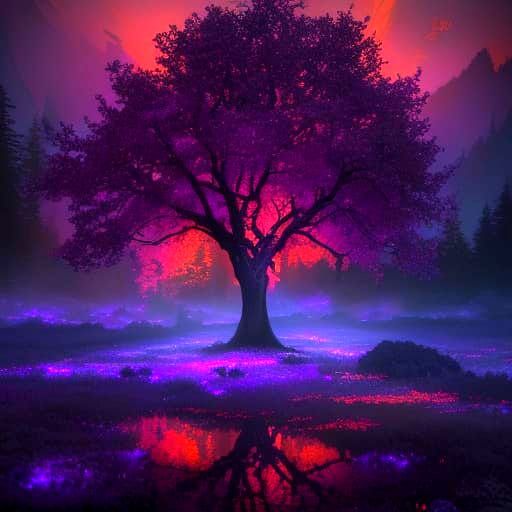 Vibrant Tree Amidst Purple Fire and Glass Sea