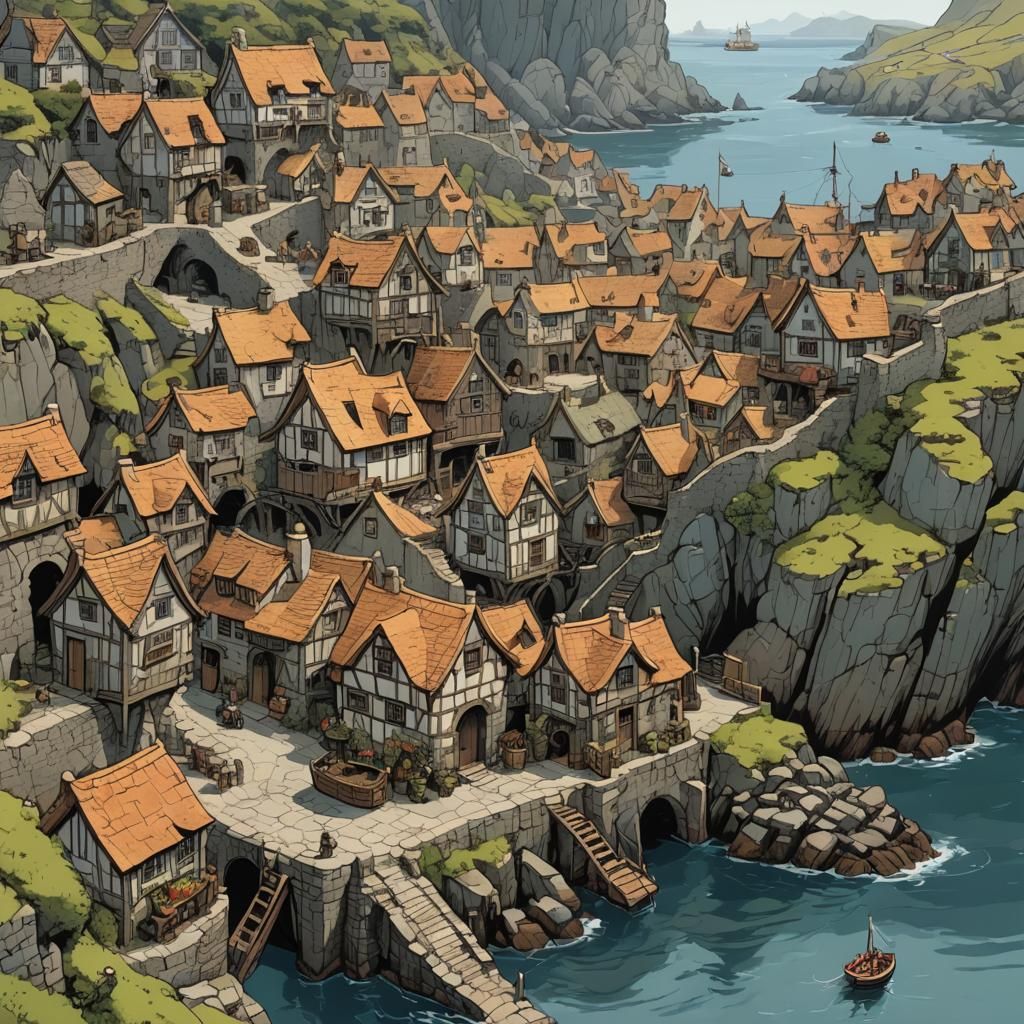 Fantasy Coastal Village with Trolls and Ogres