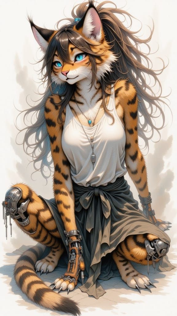 Abstract Expressionist Cat with Sci-Fi Leg in Watercolor Sty...