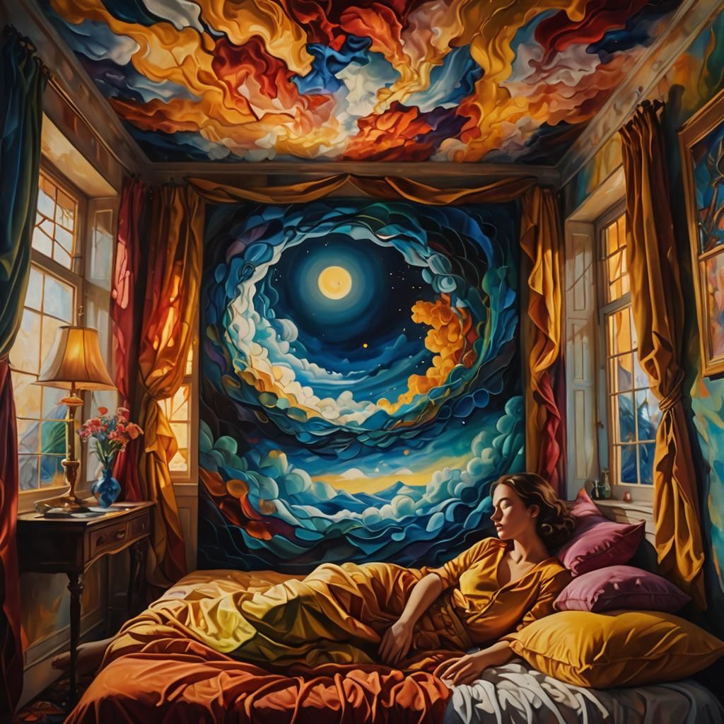 Dreamlike Bedroom Scene in Surrealist Oil Painting