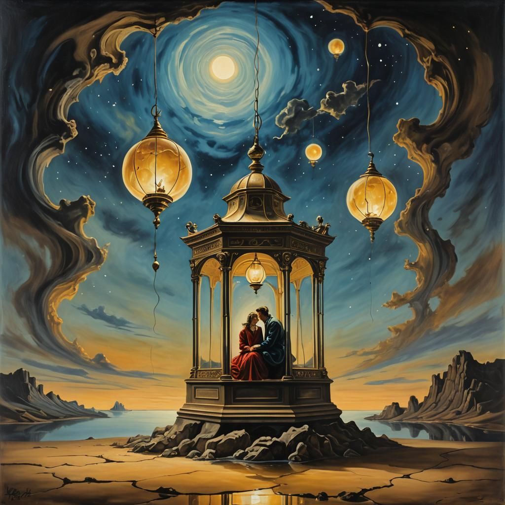 Lovers Embrace in Space: Surrealist Oil Painting