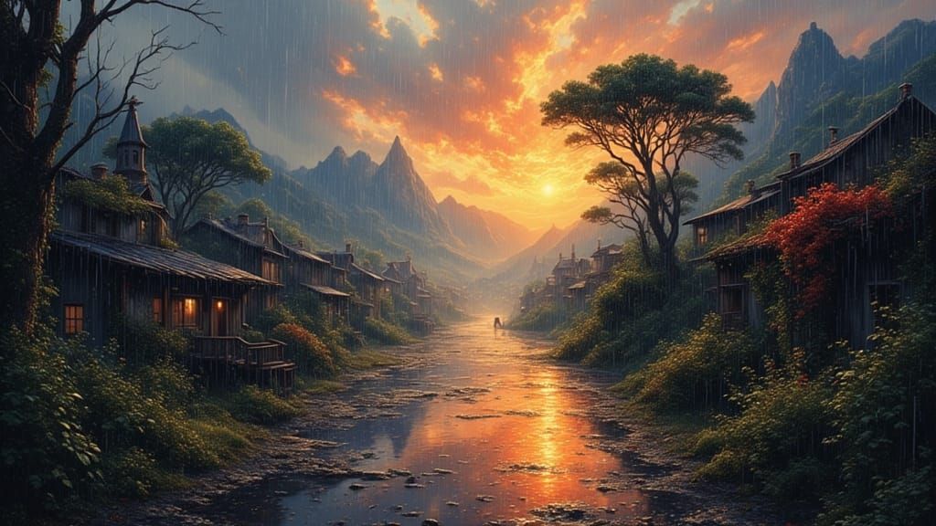 Rainy Azores Landscape: Hyperrealistic Splash Art