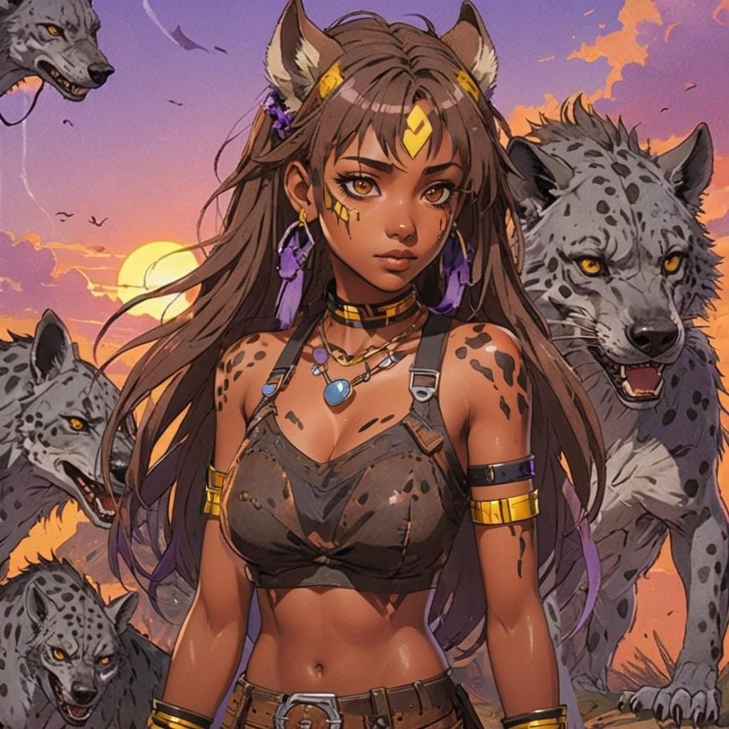 A woman with a dark, brown tan. She has purple/yellow markings on her body and has two hyena ears. by artist "anime", An...
