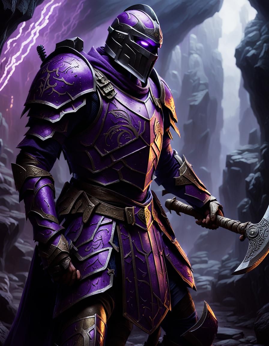 Knight with Glowing Axe in Dark Fantasy Cave
