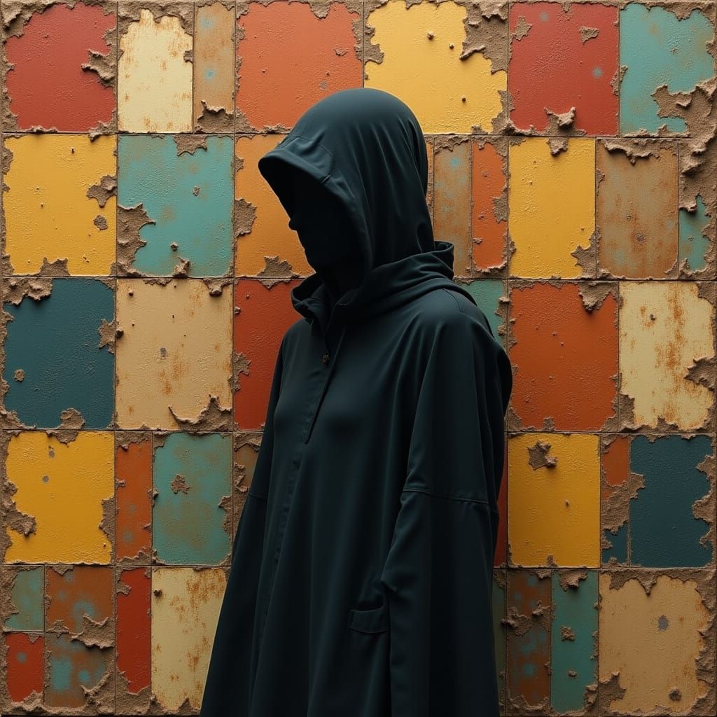 Dark Figure with Geometric Metal Tile Background