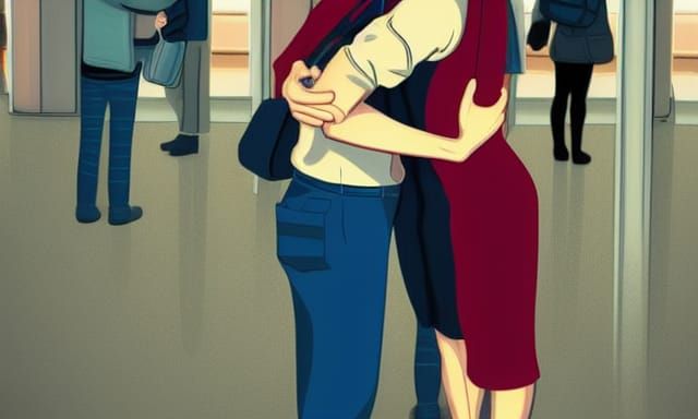 Farewell Embrace at Train Station in Comic Book Art