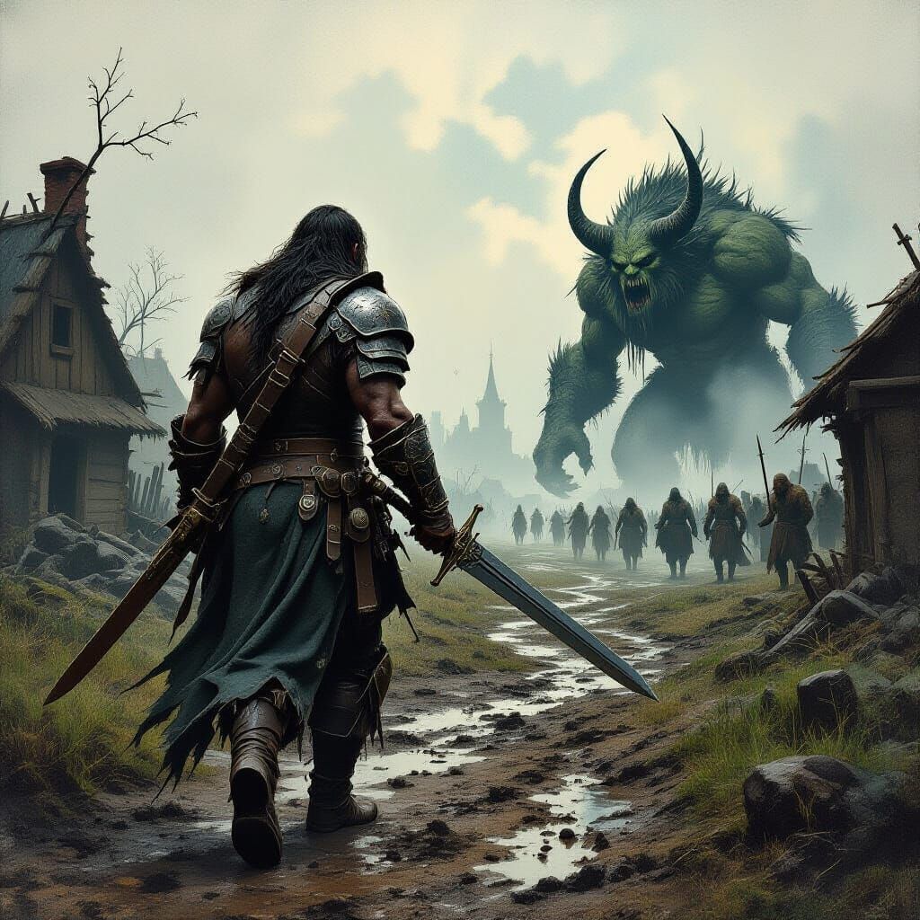 Dark Fantasy Warrior Approaches Monster-Infested Village