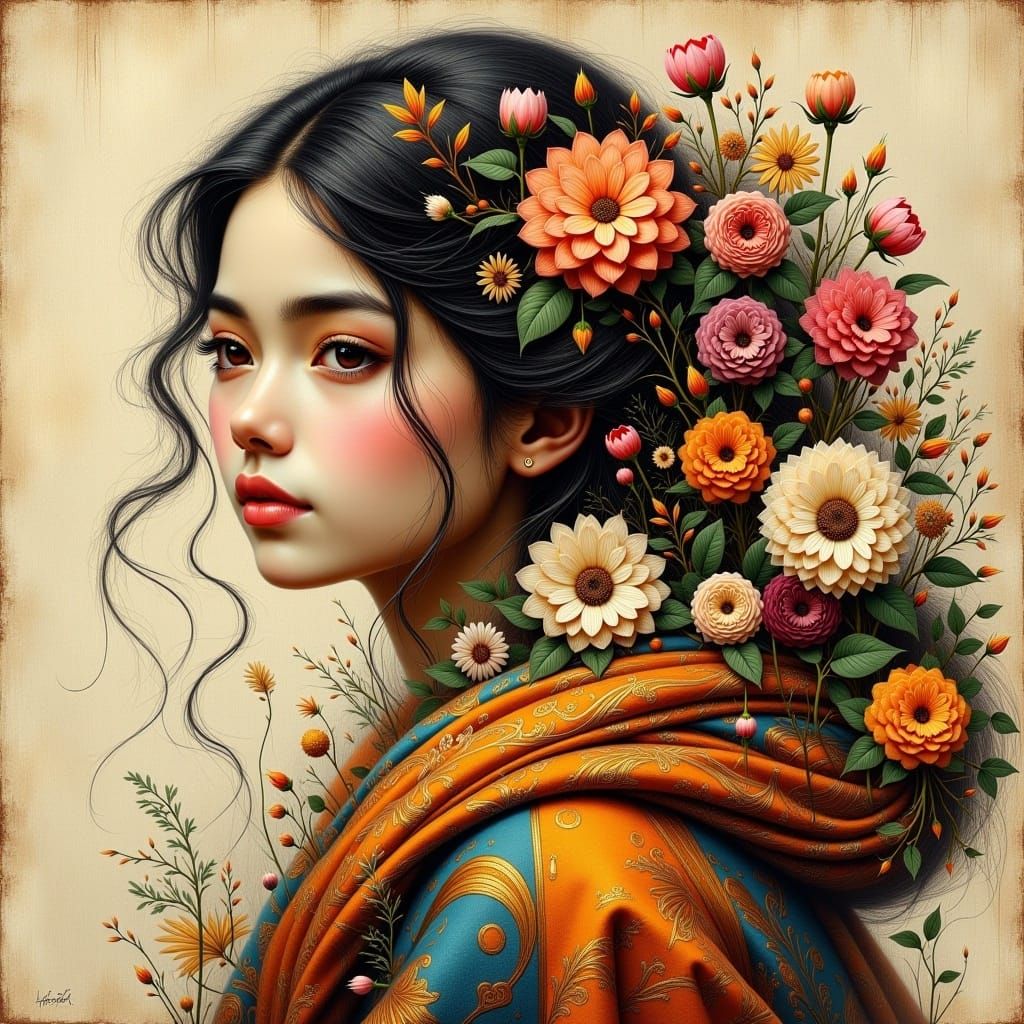 Ethereal Girl with Flowers: A Digital Art Illustration