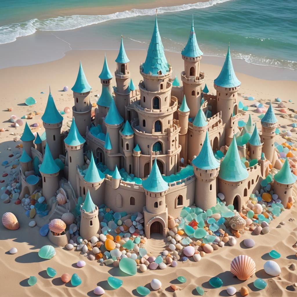 Sea Glass Sandcastle with Seashell Turrets in 3D Anime Style