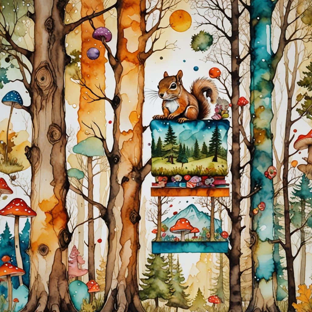 Whimsical Forest Scene in Abstract Art Style