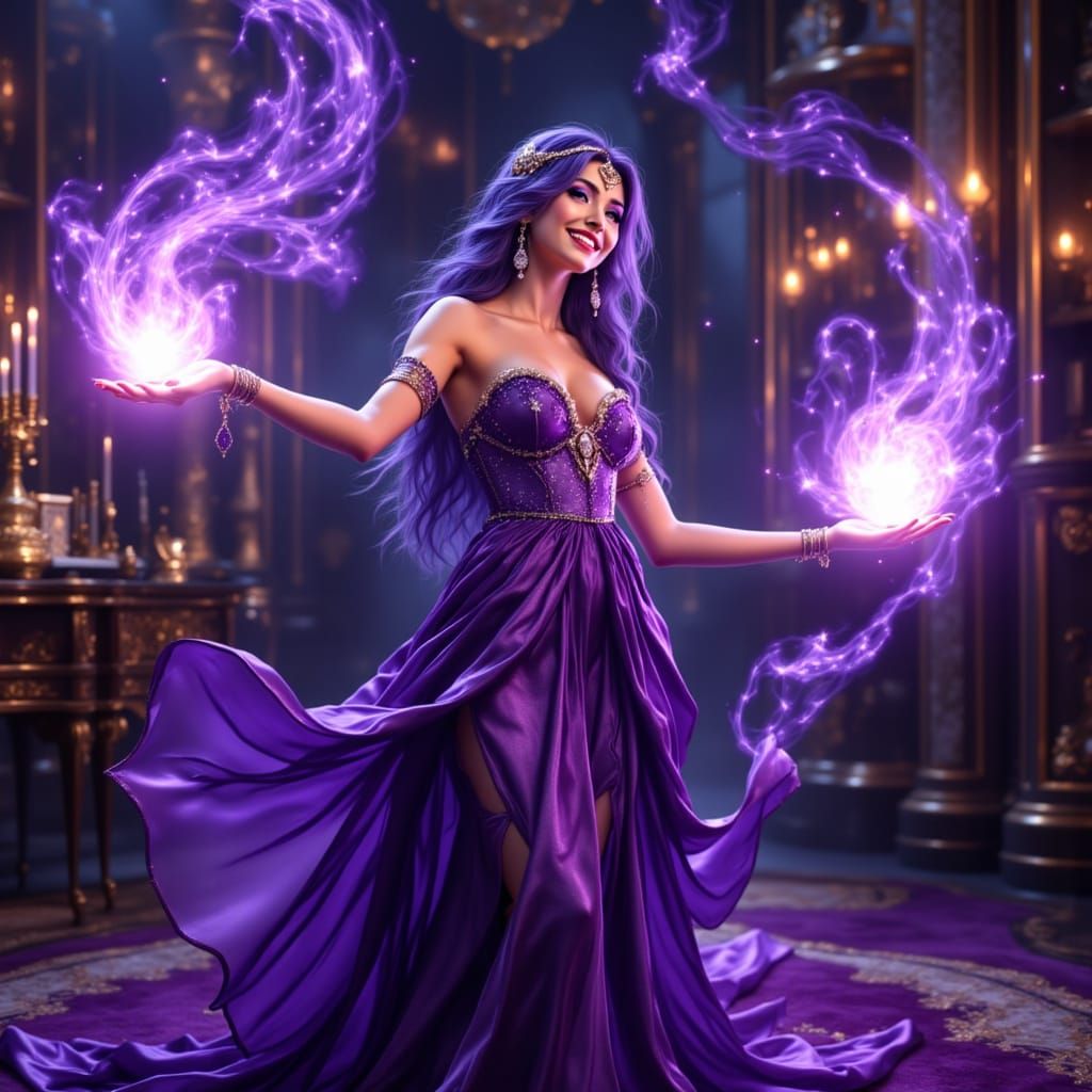 Purple-Haired Enchantress Casting Spell in Opulent Chamber