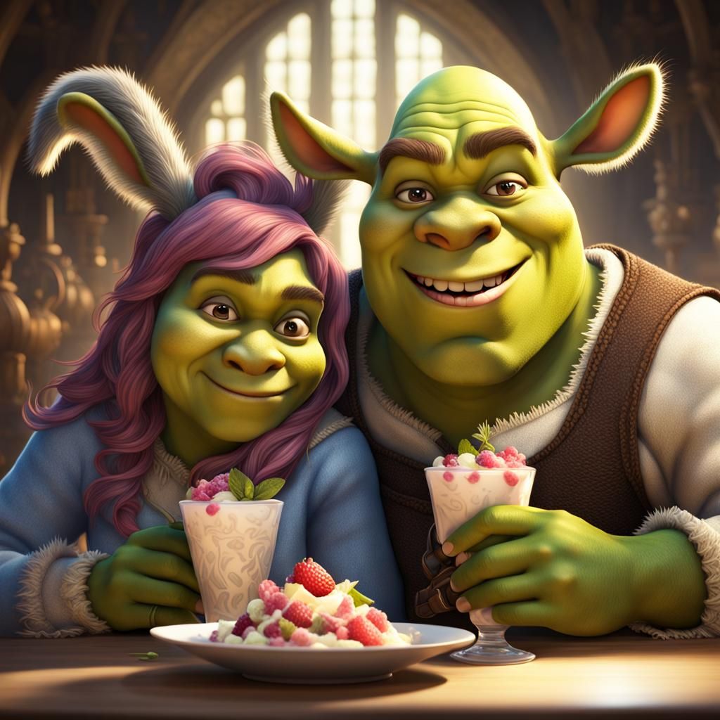 Shrek and Donkey Eating Parfaits: Detailed Digital Portrait