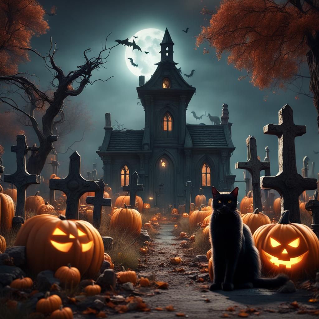 Halloween Graveyard with Black Cats in Detailed Matte Painti...