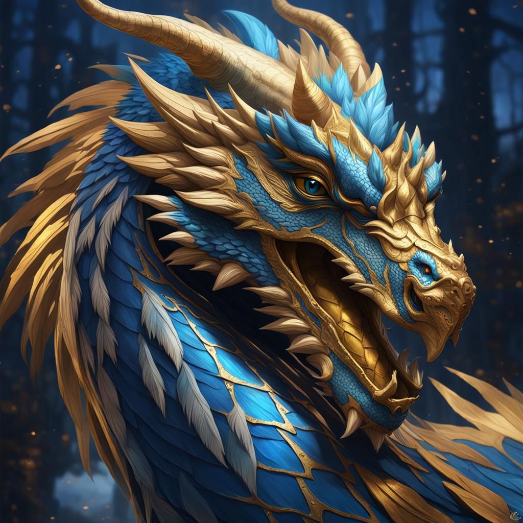 Blue and Gold Feathered Dragon Portrait