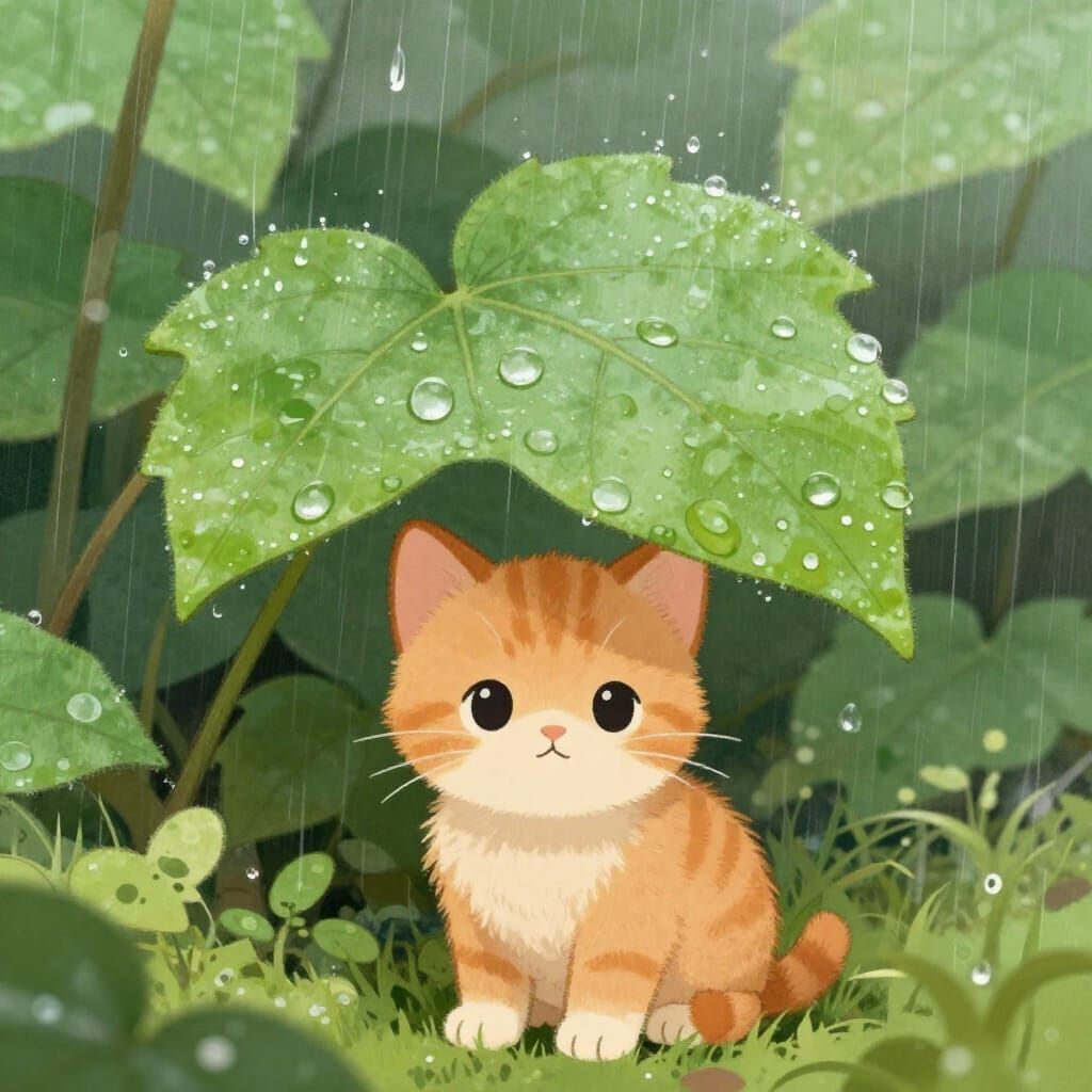 Fluffy Kitten Hides Under Leaf in Gentle Rain