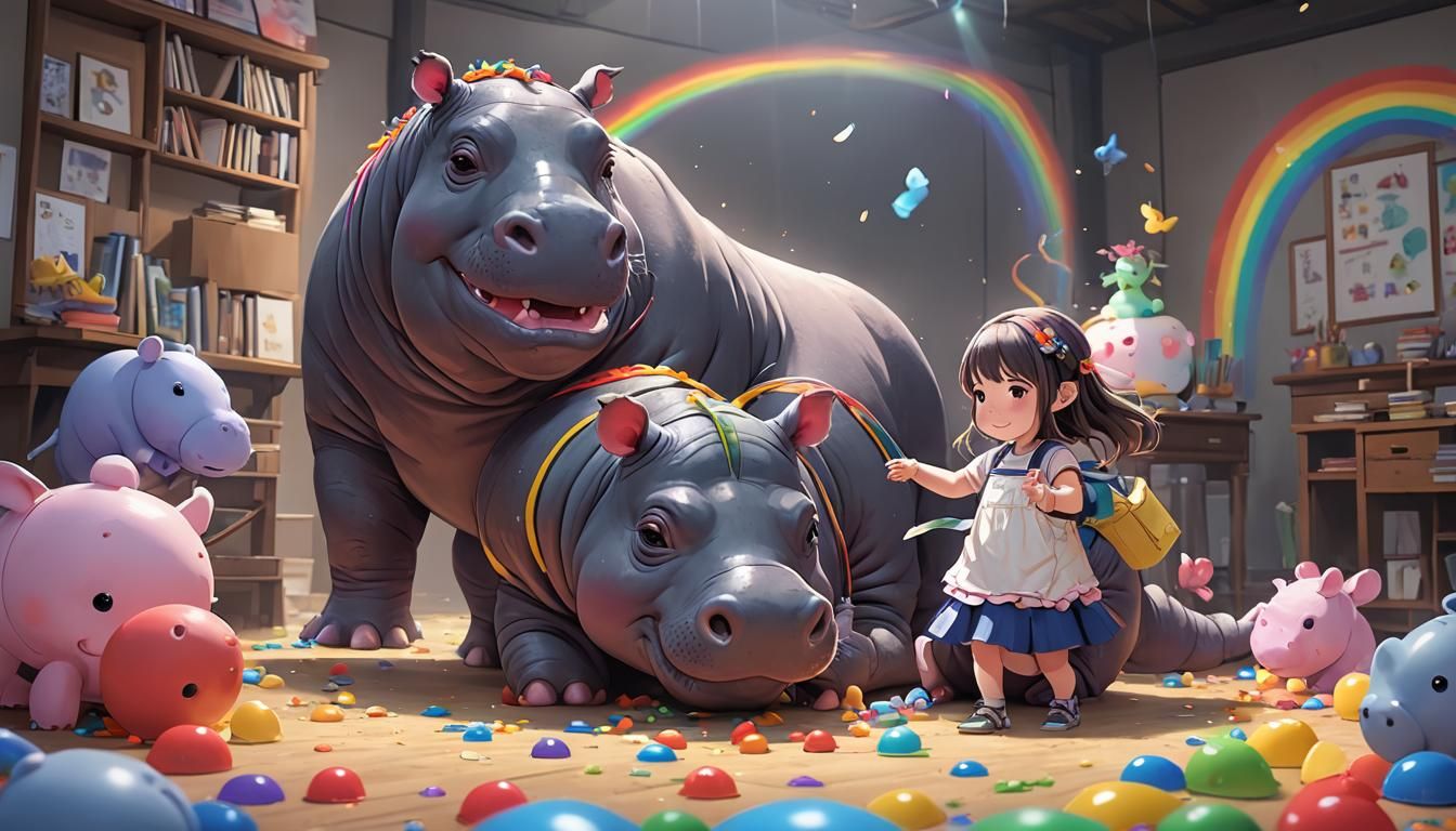 Rainbow Hippo and Girl Play in 3D Anime Art