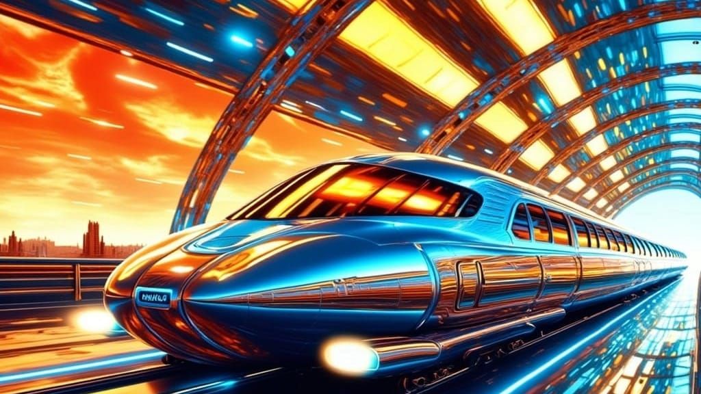 Retro Futuristic Monorail Speeds Through Shimmering Tunnel