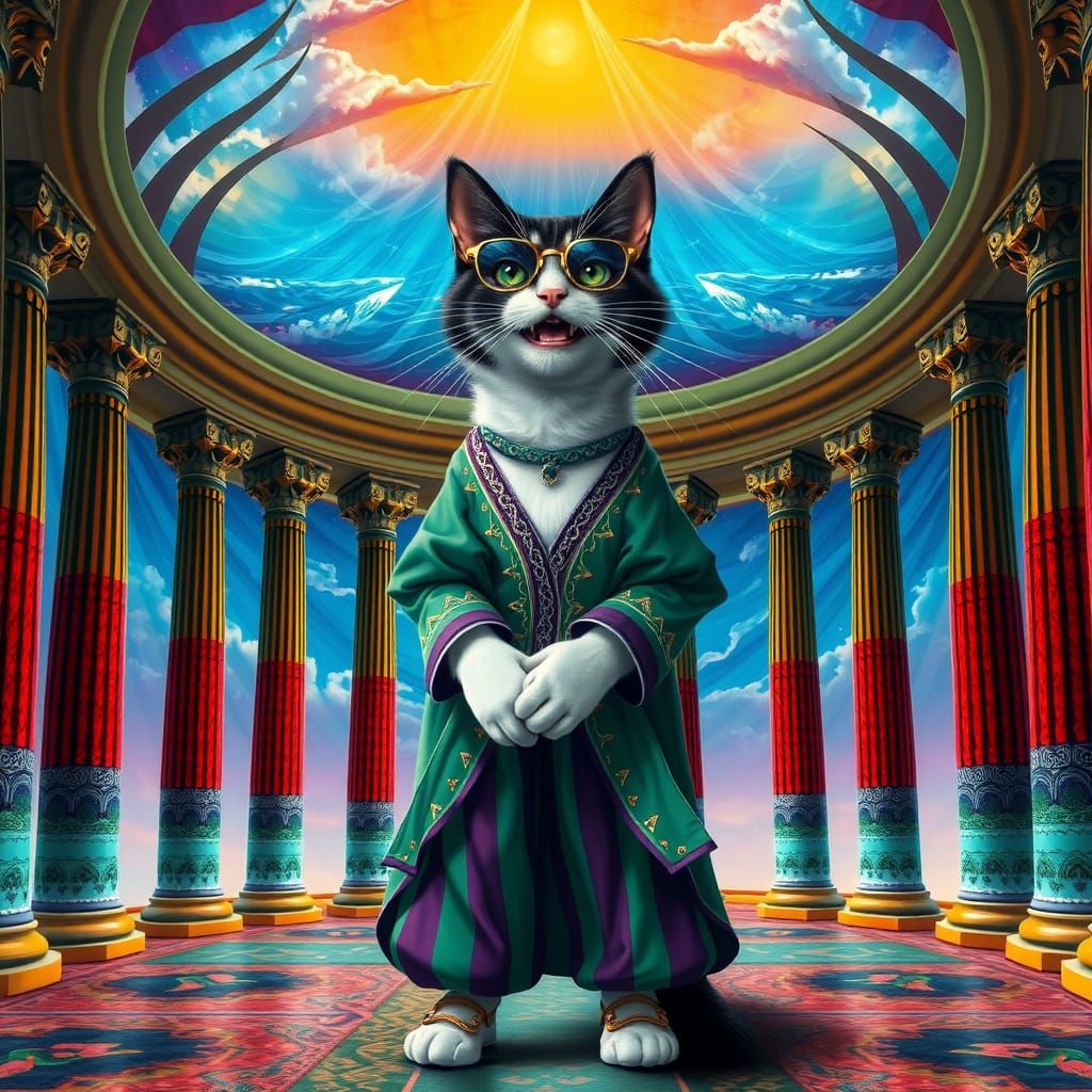 Stylish Cat in Striped Attire Amidst Dreamlike Architecture