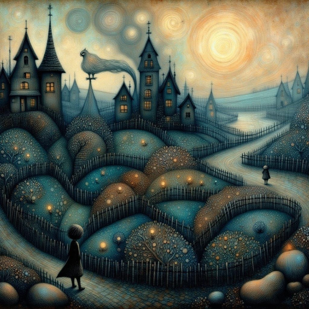 Whimsical Medieval Townscape at Night