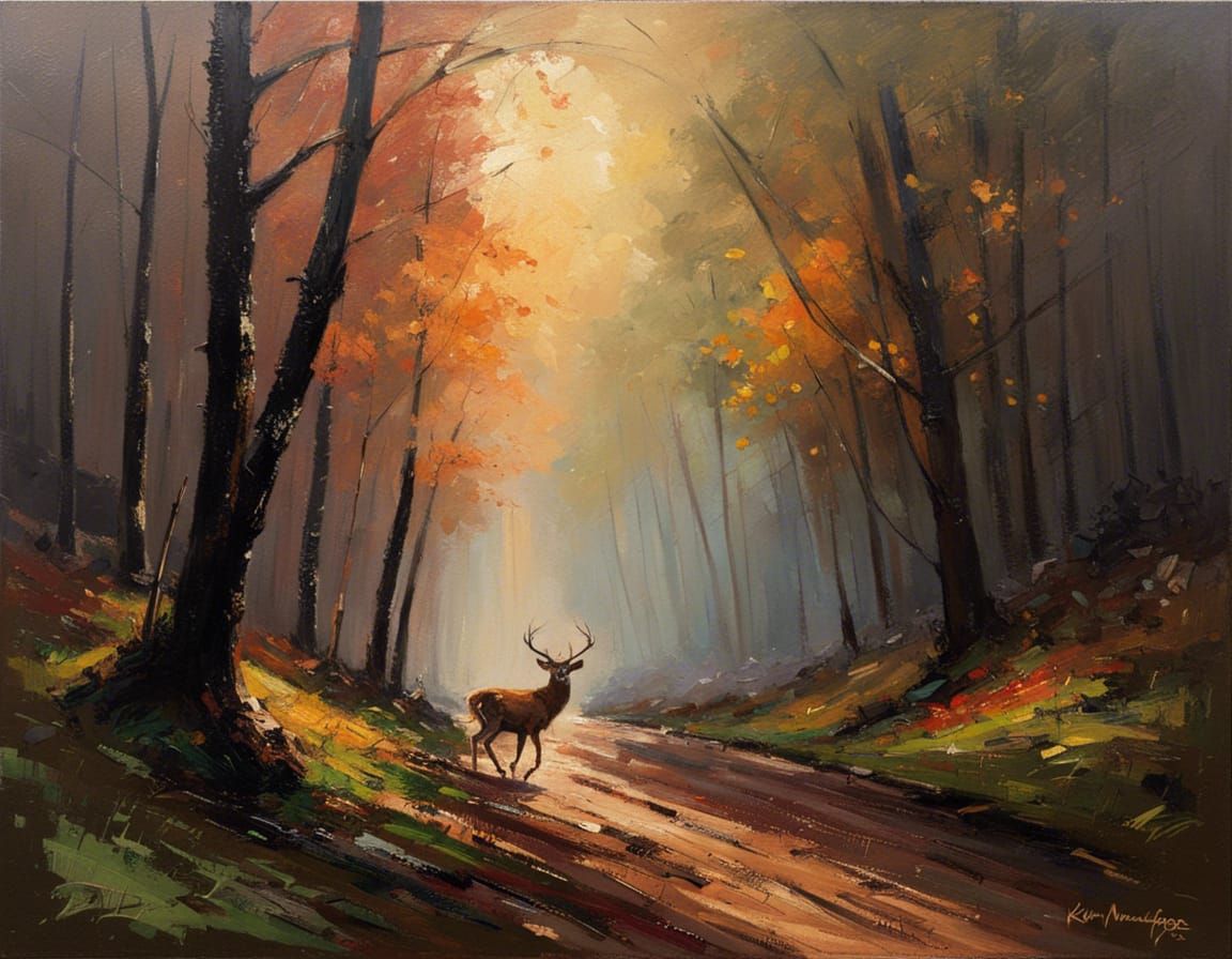Deer Escaping Forest Fire: Post-Impressionist Oil Painting