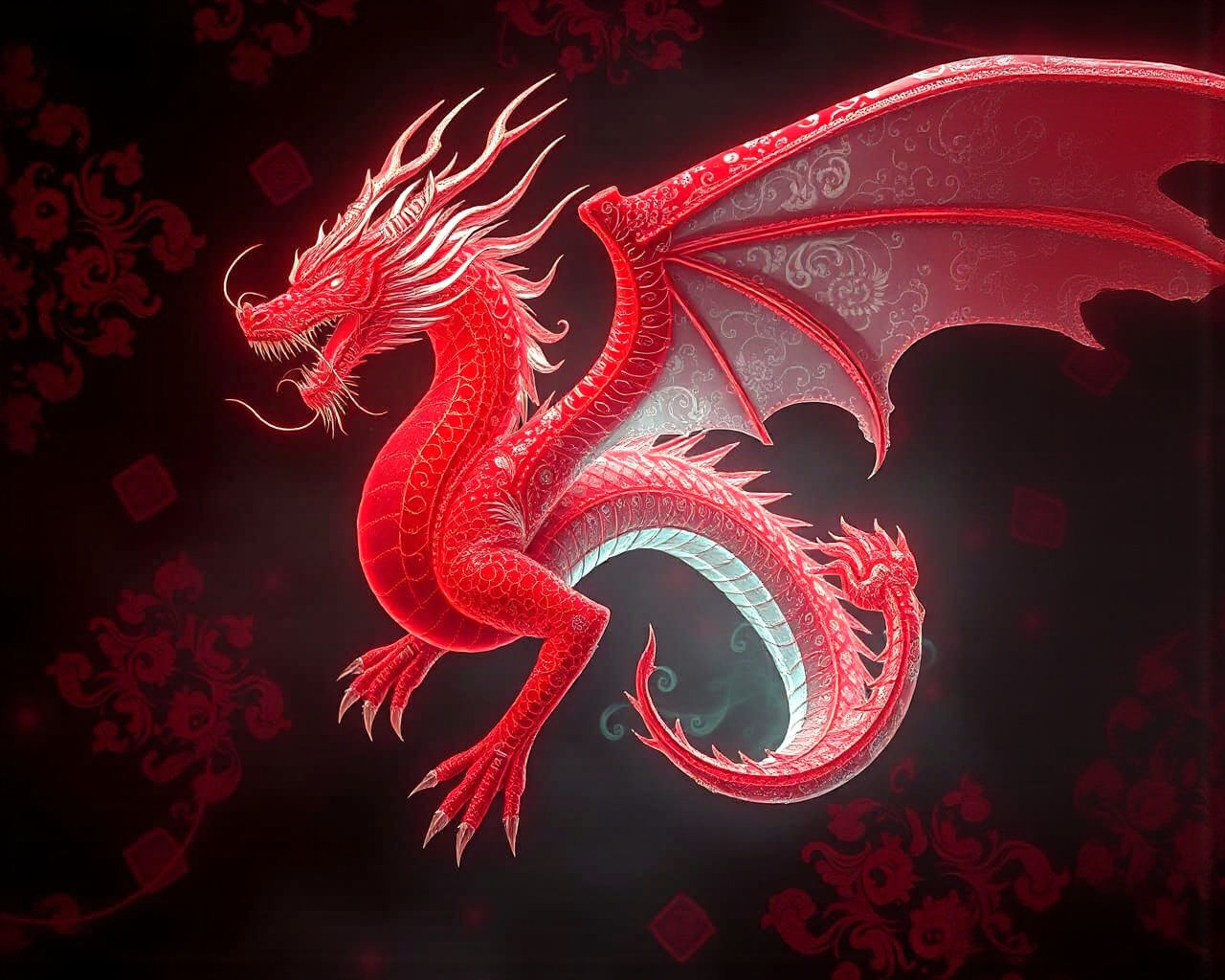 Bioluminescent Dragon with Red Filigree Designs