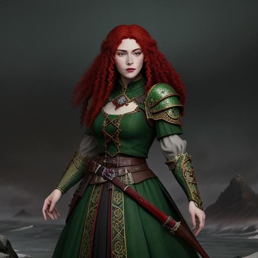 Red-Haired Dwarf in Green Dress, Fantasy Art