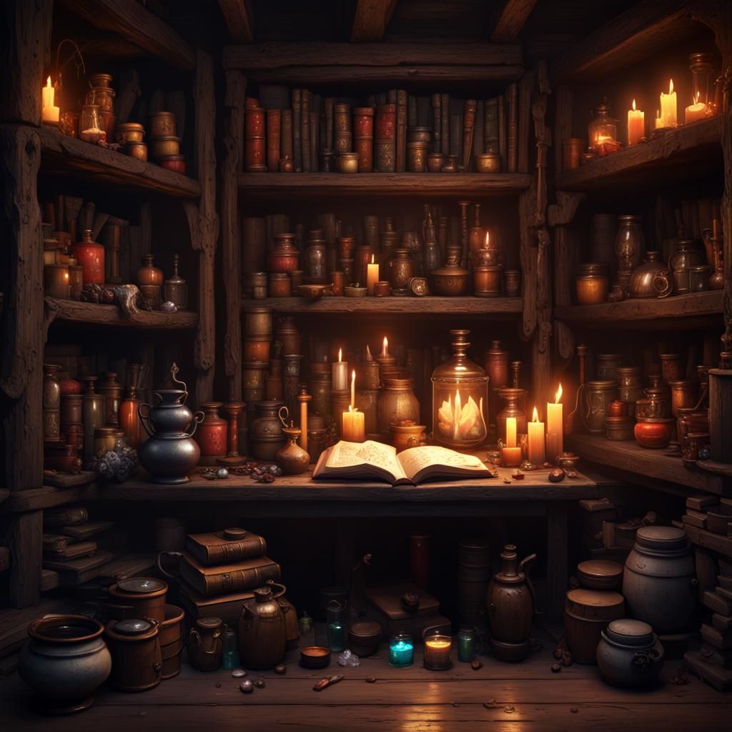 Arcane Workshop with Spell Books and Potions