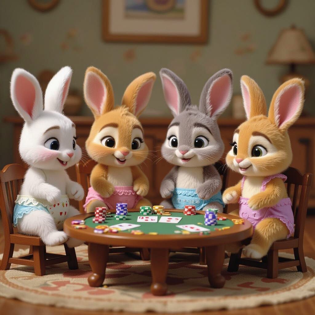 Bunnies Play Poker in Children's Playroom