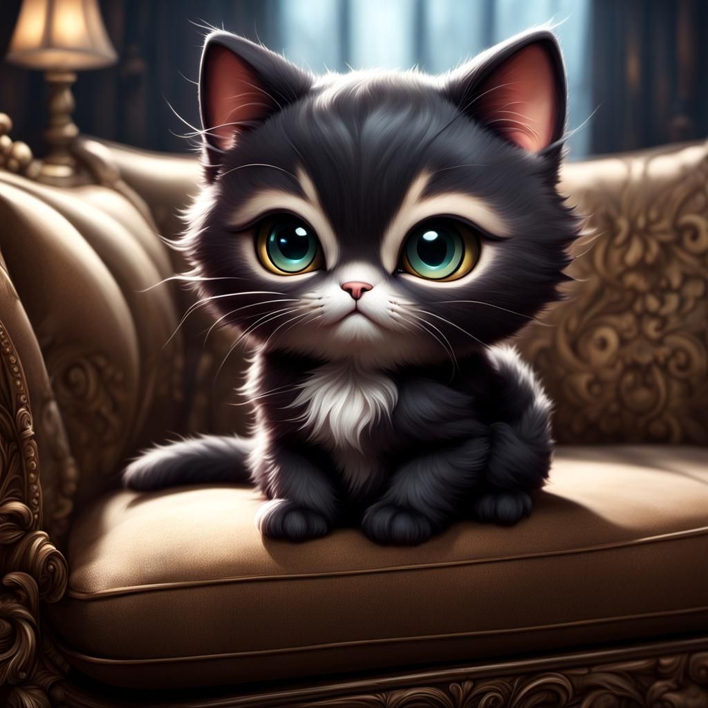 Chibi Cat with Big Eyes on Couch