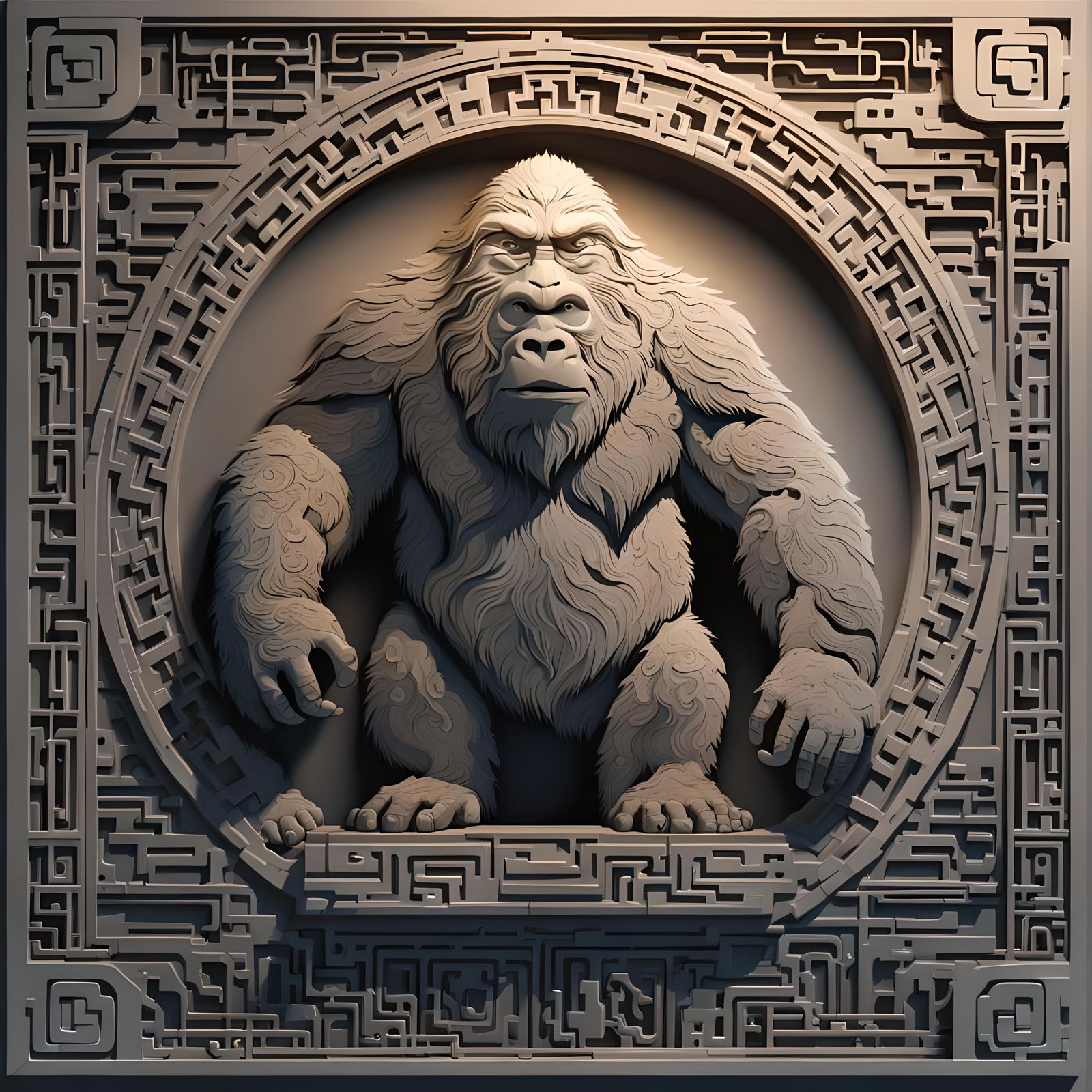 Ornate 3D Stone Relief Carving of a Bigfoot