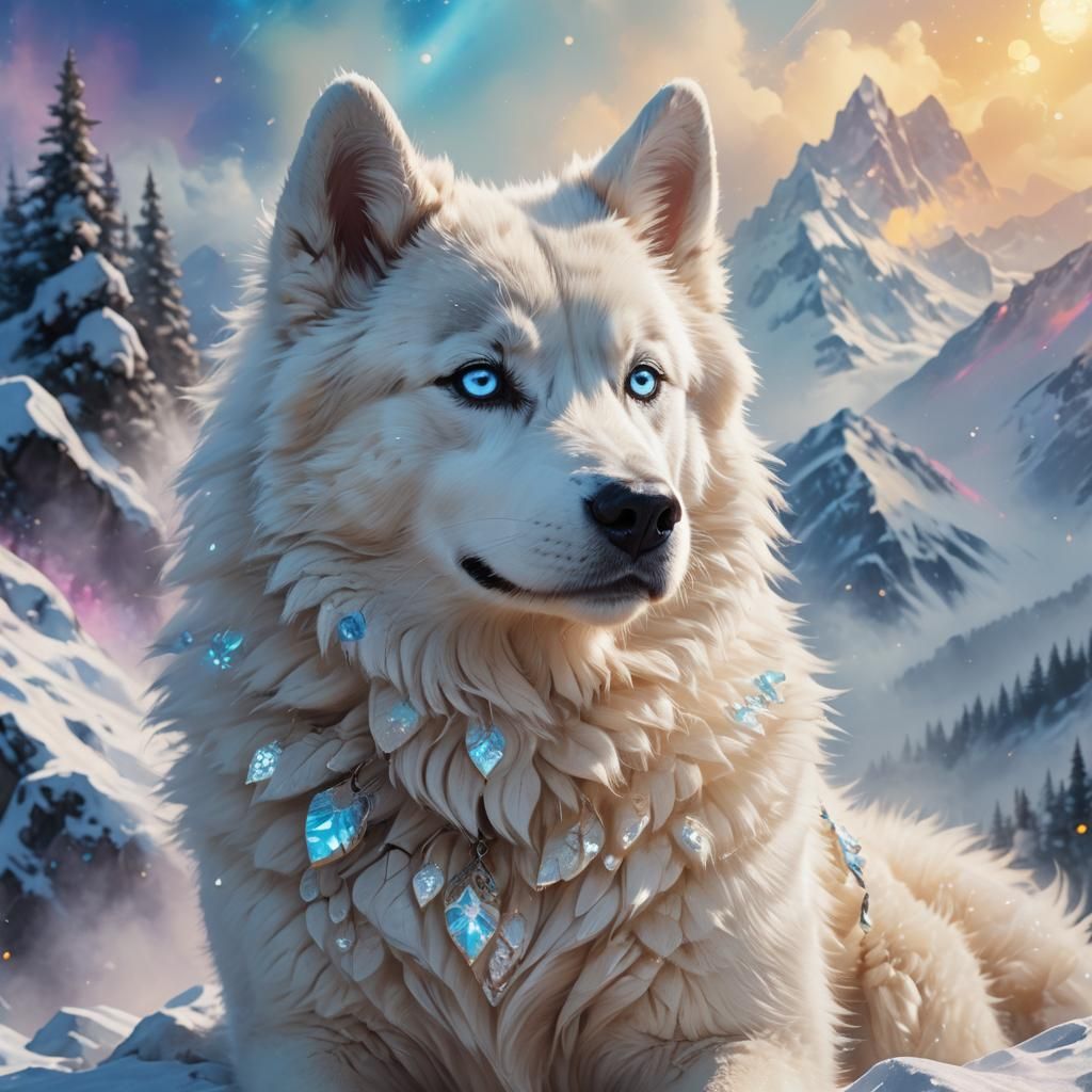 Fantasy Husky Portrait on Iridescent Mountain
