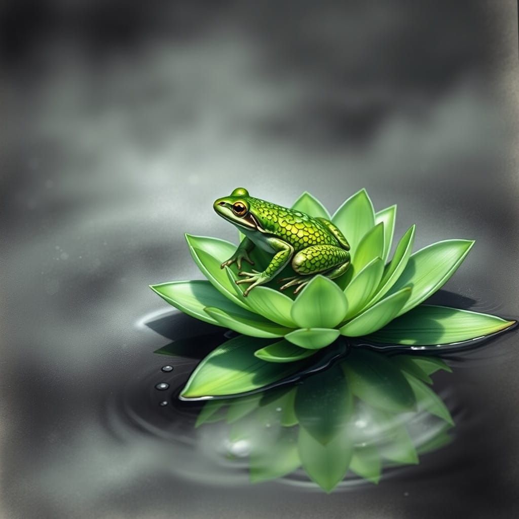 Emerald Green Water Lily with Contemplative Frog in Muted Co...