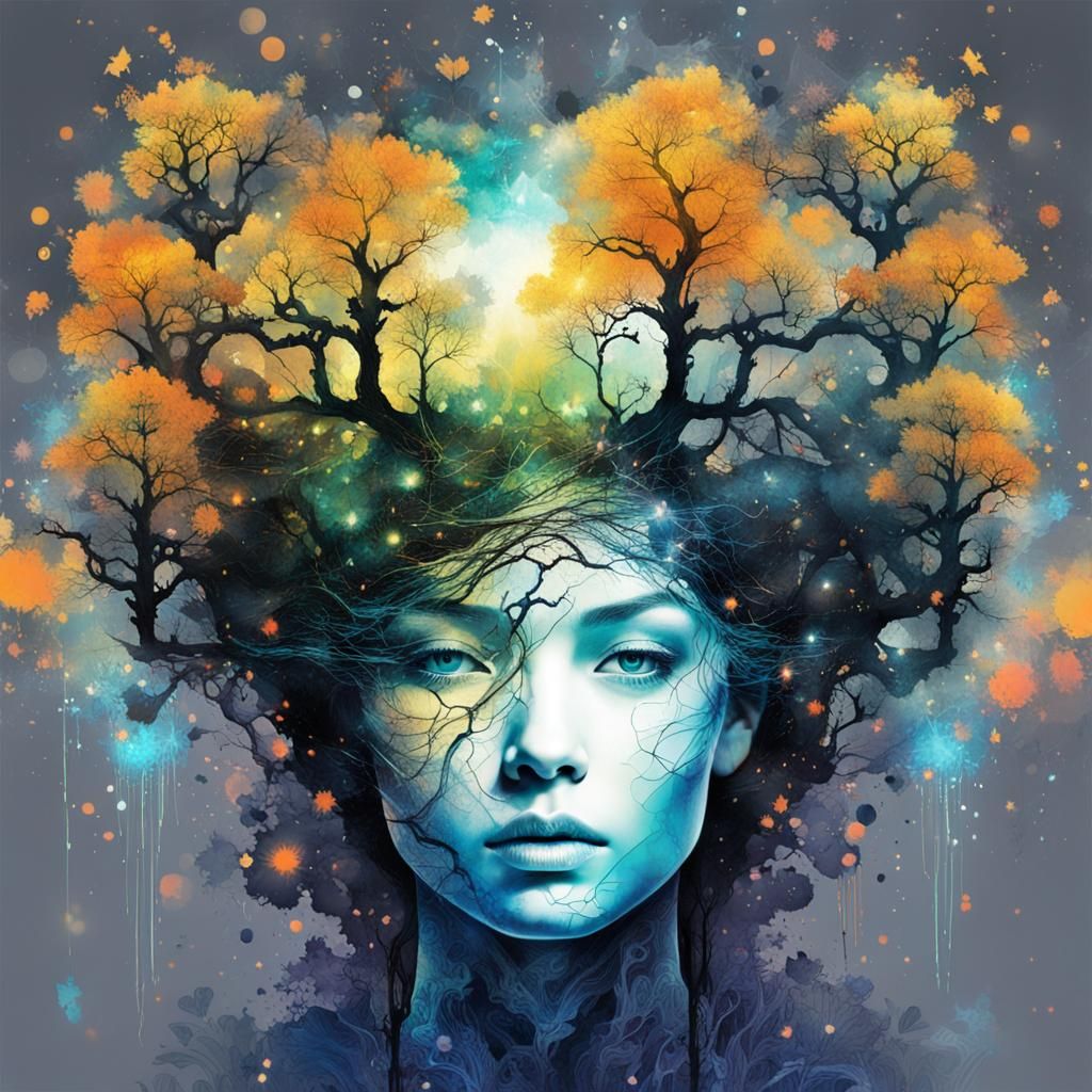 Glowing Silhouette Tree Art with Geometric Patterns