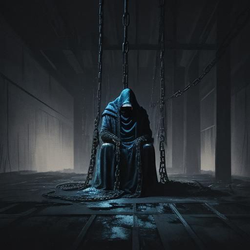 Dark Concept Art: Imprisoned Figure in Industrial Cell