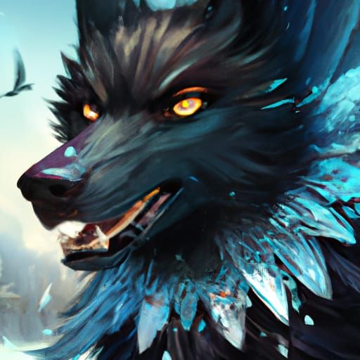 Winged Black Wolf Portrait in Fantasy Art Style
